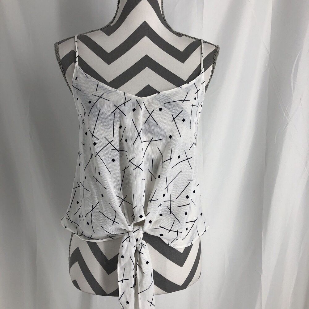 Lush Tie Front Thin Strap Tank, Small, White And Black Geometric
